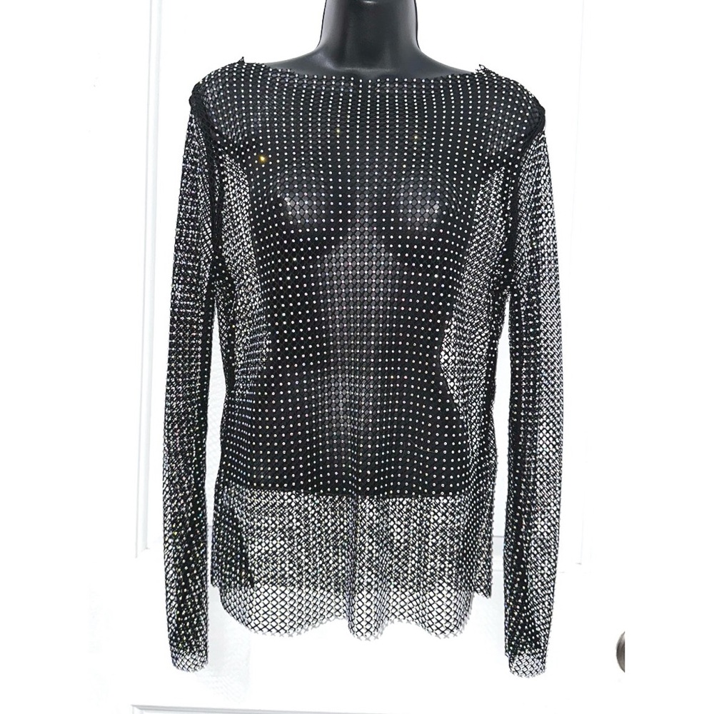 Black mesh long-sleeved top featuring overall rhinestone crystal embellishments